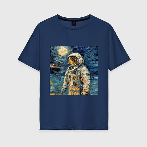 Женская футболка оверсайз Космонавт на луне в стиле Ван Гог / Тёмно-синий – фото 1