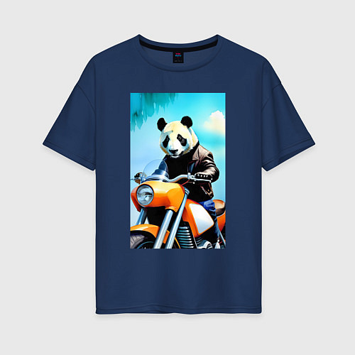 Женская футболка оверсайз Панда крутой байкер - нейросеть / Тёмно-синий – фото 1