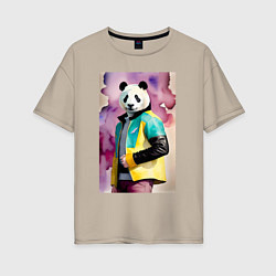 Футболка оверсайз женская Панда в модной куртке - акварель, цвет: миндальный
