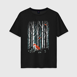 Футболка оверсайз женская Рыжая лиса в березовом лесу, цвет: черный