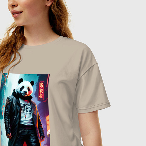 Женская футболка оверсайз Cool panda - cyberpunk / Миндальный – фото 3