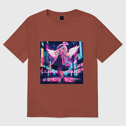Футболка оверсайз женская Милая аниме девочка-ангел на фоне неонового города, цвет: кирпичный
