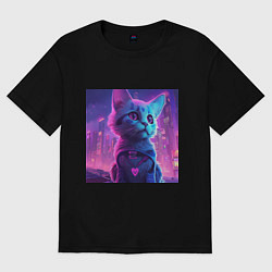 Футболка оверсайз женская Неоновый котёнок на фоне киберпанк-города, цвет: черный