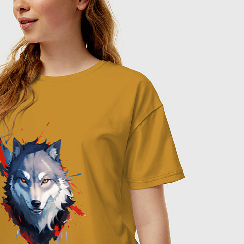 Женская футболка оверсайз Голова волка - рисунок с пятнами краски / Горчичный – фото 3