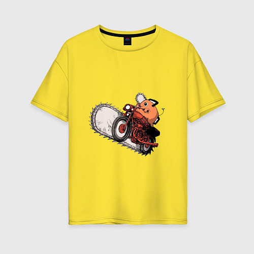 Женская футболка оверсайз Милый Почита на байке - Человек бензопила / Желтый – фото 1