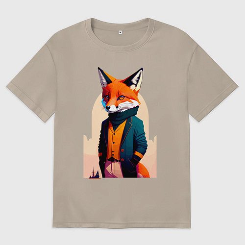 Женская футболка оверсайз Лис-модник - нейросеть / Миндальный – фото 1