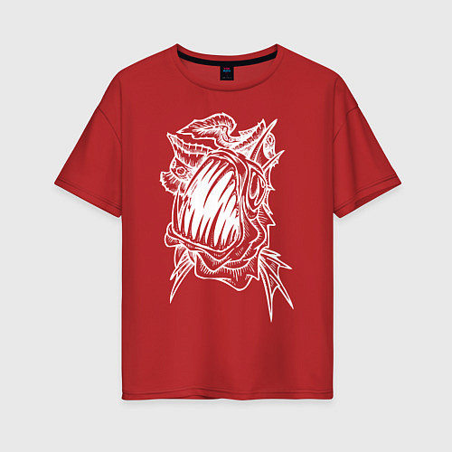 Женская футболка оверсайз Белая зубастая рыба / Красный – фото 1