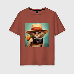 Футболка оверсайз женская Кот в соломенной шляпе с фотоаппаратом, цвет: кирпичный