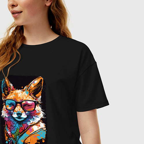 Женская футболка оверсайз Abstract Colorful Fox / Черный – фото 3