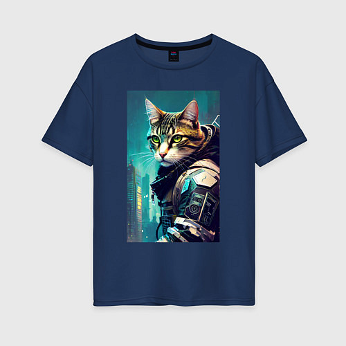 Женская футболка оверсайз Крутой котейка - киберпанк - нейросеть / Тёмно-синий – фото 1