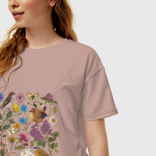 Женская футболка оверсайз Цветение и птички / Пыльно-розовый – фото 3