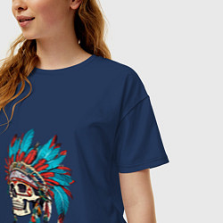 Футболка оверсайз женская Череп Индейца с перьями, цвет: тёмно-синий — фото 2