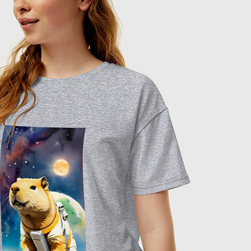 Женская футболка оверсайз Capybara brave astronaut - neural network / Меланж – фото 3