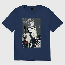 Женская футболка оверсайз Волк на фоне луны - мегаполис - нейросеть