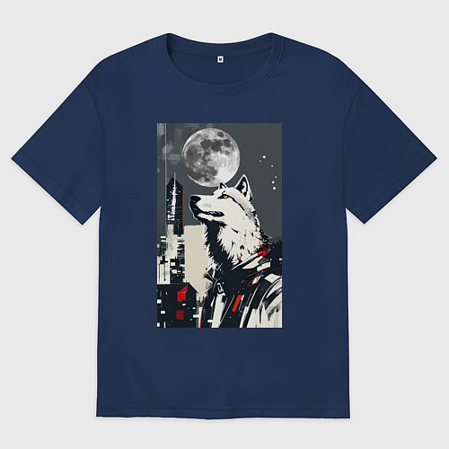 Женская футболка оверсайз Волк на фоне луны - мегаполис - нейросеть / Тёмно-синий – фото 1