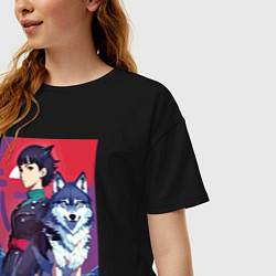 Футболка оверсайз женская Девочка со своим другом волком - аниме, цвет: черный — фото 2