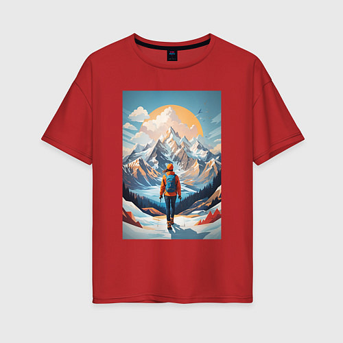 Женская футболка оверсайз Альпинист в Горах / Красный – фото 1