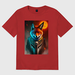 Футболка оверсайз женская Лиса на фоне луны - киберпанк, цвет: красный