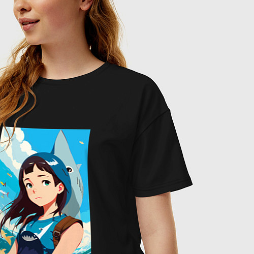 Женская футболка оверсайз Девочка и океан / Черный – фото 3