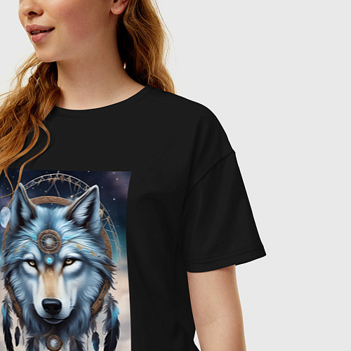 Женская футболка оверсайз Шаман волк / Черный – фото 3