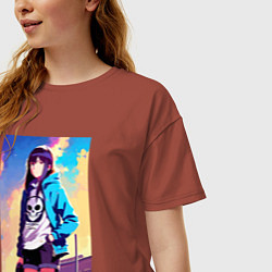 Футболка оверсайз женская Прикольная девчонка с черепом на футболке - аниме, цвет: кирпичный — фото 2