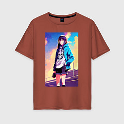 Футболка оверсайз женская Прикольная девчонка с черепом на футболке - аниме, цвет: кирпичный