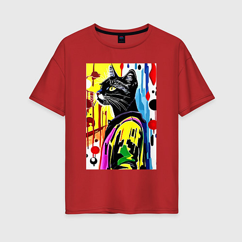 Женская футболка оверсайз Модный чёрный кот - поп-арт / Красный – фото 1