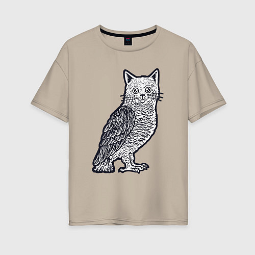 Женская футболка оверсайз Кошка сова / Миндальный – фото 1