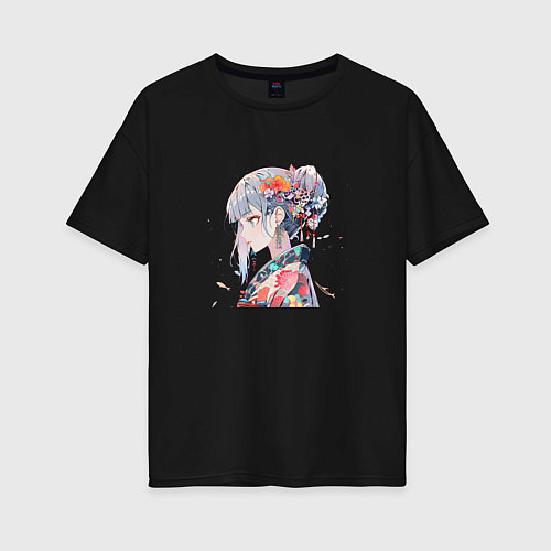 Женская футболка оверсайз Аниме девушка с цветами в волосах / Черный – фото 1