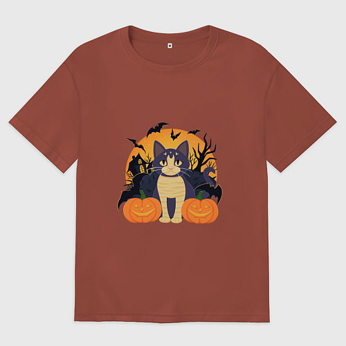 Женская футболка оверсайз Кот на хэллоуине / Кирпичный – фото 1