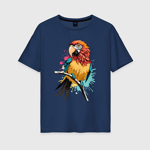 Женская футболка оверсайз Акварельный попугай / Тёмно-синий – фото 1