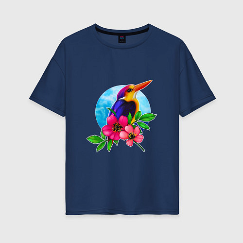 Женская футболка оверсайз Тропическая птица в цветах / Тёмно-синий – фото 1