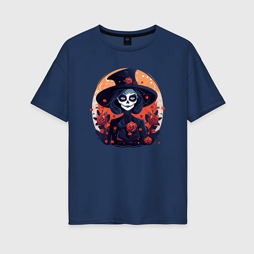 Женская футболка оверсайз Ведьма-скелет и розы / Тёмно-синий – фото 1