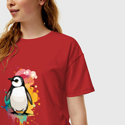 Футболка оверсайз женская Красочный пингвин, цвет: красный — фото 2