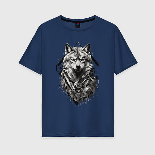 Женская футболка оверсайз Принт с волком / Тёмно-синий – фото 1