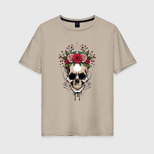 Женская футболка оверсайз Цветочный череп Мексики / Миндальный – фото 1