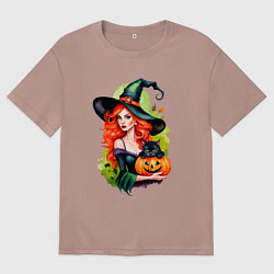 Женская футболка оверсайз Рыжая ведьма с тыквой и черным котом