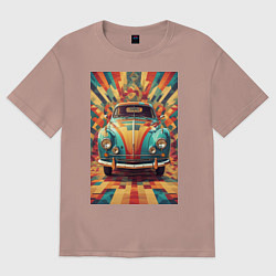 Футболка оверсайз женская Ретро машина в ярких цветах, цвет: пыльно-розовый