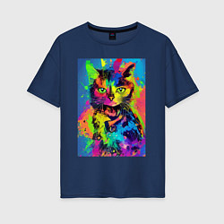 Футболка оверсайз женская Funny cat - pop art - neural network, цвет: тёмно-синий
