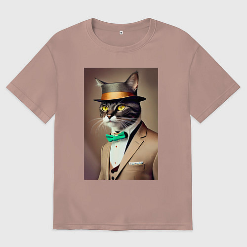 Женская футболка оверсайз Портрет кота джентльмена в шляпе / Пыльно-розовый – фото 1