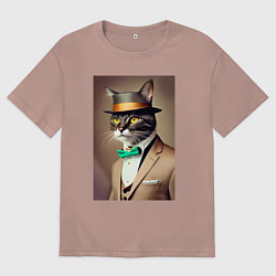 Футболка оверсайз женская Портрет кота джентльмена в шляпе, цвет: пыльно-розовый