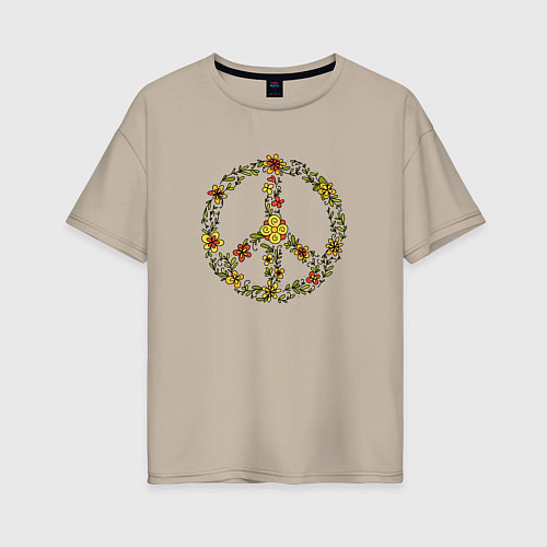 Женская футболка оверсайз Пацифик знак хиппи цветы / Миндальный – фото 1