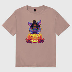 Футболка оверсайз женская Милый котик и тыква - Хэллоуин, цвет: пыльно-розовый