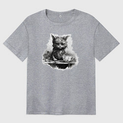 Футболка оверсайз женская Недовольный кот с кофе, цвет: меланж