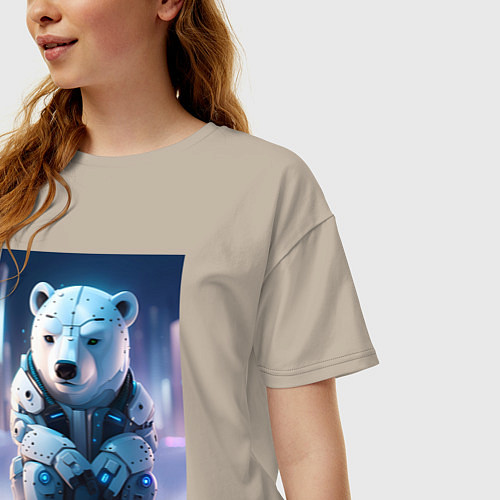 Женская футболка оверсайз Полярный медвежонок - киберпанк - нейросеть / Миндальный – фото 3