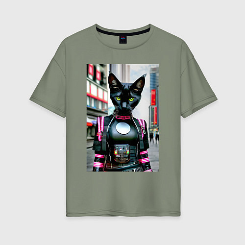 Женская футболка оверсайз Крутая кисуля в мегаполисе - киберпанк - нейросеть / Авокадо – фото 1