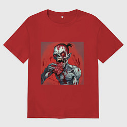 Футболка оверсайз женская Зомби с большими красными глазами ест мясо, цвет: красный