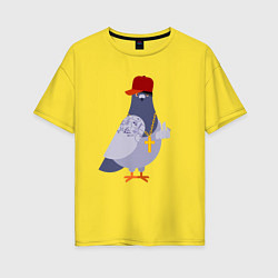Футболка оверсайз женская Крутой голубь в кепке показывает f**k, цвет: желтый