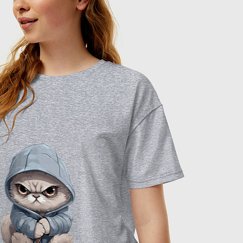 Женская футболка оверсайз Злой кот в капюшоне / Меланж – фото 3
