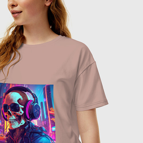 Женская футболка оверсайз Скелет в темных очках / Пыльно-розовый – фото 3